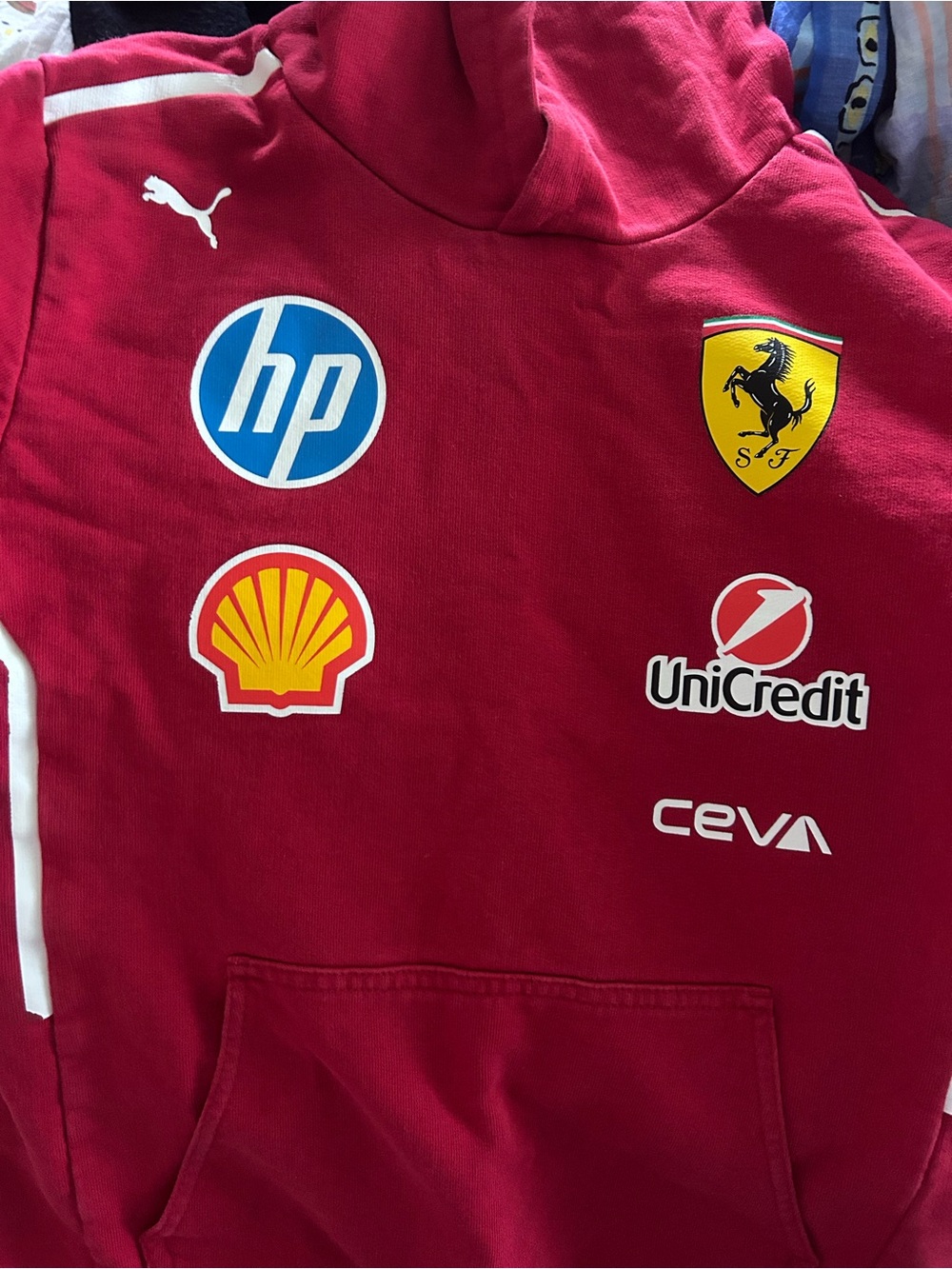 Puma Kids Ferrari Logo Hoodie in Red with Sponsor Badges